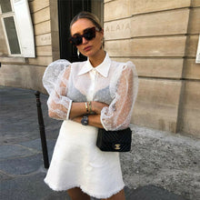 Load image into Gallery viewer, Hot Women Mesh Sheer Blouse See-through Long Sleeve Top Shirt Blouse Fashion Pearl Button Transparent White Shirt Female Blusas