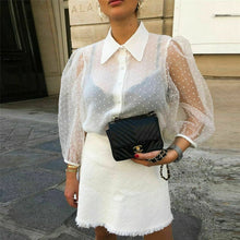 Load image into Gallery viewer, Hot Women Mesh Sheer Blouse See-through Long Sleeve Top Shirt Blouse Fashion Pearl Button Transparent White Shirt Female Blusas