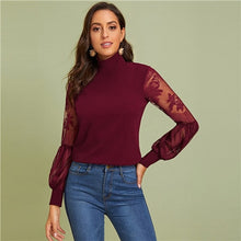 Load image into Gallery viewer, SHEIN Women High Neck Lace Lantern Sleeve Top Fashion Mesh Blouse Women's Long Sleeve Pattern Printing Ladies Tops