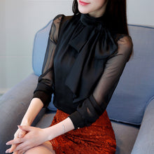 Load image into Gallery viewer, 2019 New Summer Fashion Tunic Women Blouse Shirts Long Sleeve Tie Bow Chiffon Turtleneck Formal Women White Black Shirts