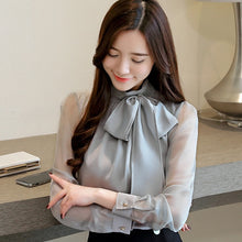 Load image into Gallery viewer, 2019 New Summer Fashion Tunic Women Blouse Shirts Long Sleeve Tie Bow Chiffon Turtleneck Formal Women White Black Shirts