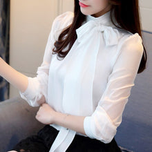 Load image into Gallery viewer, 2019 New Summer Fashion Tunic Women Blouse Shirts Long Sleeve Tie Bow Chiffon Turtleneck Formal Women White Black Shirts