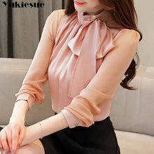 Load image into Gallery viewer, Autmun long sleeve shirt women fashion womens tops and blouses 2018 solid bow stand collar office blouses women blusas plus size