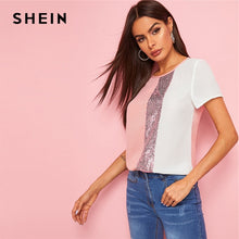 Load image into Gallery viewer, SHEIN Sequins Contrast Panel Spliced Cut-And-Sew Top Womens Tops and Blouses 2019 Casual Colorblock Short Sleeve Summer Blouses