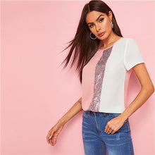 Load image into Gallery viewer, SHEIN Sequins Contrast Panel Spliced Cut-And-Sew Top Womens Tops and Blouses 2019 Casual Colorblock Short Sleeve Summer Blouses